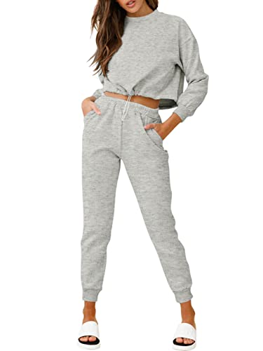 REORIA Damen Trainingsanzug Langarm Activewear Fitness Sets 2-teiliges Outfit Set Loungewear mit Taschen Hellgrau S von REORIA