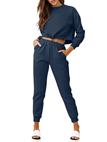 REORIA Damen Trainingsanzug Langarm Activewear Fitness Sets 2-teiliges Outfit Set Loungewear mit Taschen Marineblau L von REORIA