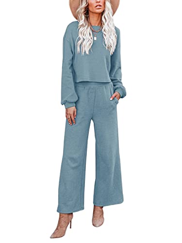 REORIA Damen Trainingsanzug Set 2 Teilig Hausanzug Tracksuit Jogginganzug Breite Hosenbeine mit Tasche Blau S von REORIA