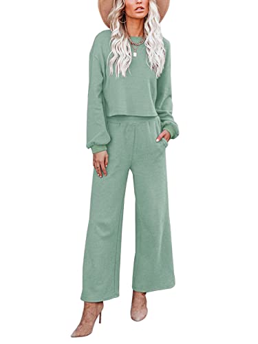 REORIA Damen Trainingsanzug Set 2 Teilig Hausanzug Tracksuit Jogginganzug Breite Hosenbeine mit Tasche Grün L von REORIA