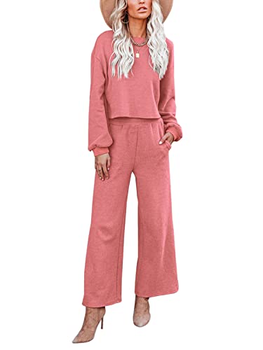 REORIA Damen Trainingsanzug Set 2 Teilig Hausanzug Tracksuit Jogginganzug Breite Hosenbeine mit Tasche Rosa M von REORIA