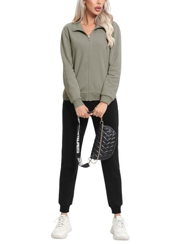 REORIA Damen Trainingsanzug aus Baumwoll Fleece Jogginganzug Set mit Reißverschluss Activewear Hausanzug Workout Sport Outfit Set Grau Grün M von REORIA