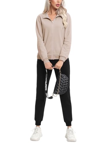 REORIA Damen Trainingsanzug aus Baumwoll Fleece Jogginganzug Set mit Reißverschluss Activewear Hausanzug Workout Sport Outfit Set Khaki XL von REORIA