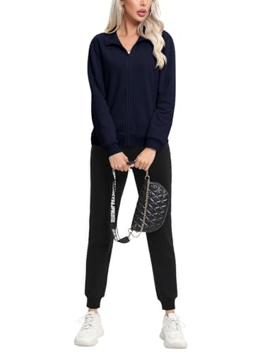 REORIA Damen Trainingsanzug aus Baumwoll Fleece Jogginganzug Set mit Reißverschluss Activewear Hausanzug Workout Sport Outfit Set Marineblau L von REORIA