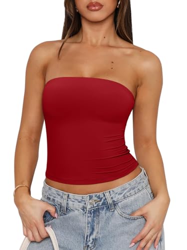 REORIA Damen Tube Top Sommer Bandeau Trägerloses Top Y2K Sexy Crop Top Rückenfrei Schulterfrei Tank Top Elegant Ärmellose Oberteile Rot XL REORIA Damen Tube Top Sommer Bandeau Trägerloses Top Y2K Sexy Crop Top Rückenfrei Schulterfrei Tank Top Elegant Ärmellose Oberteile Rot XL von REORIA