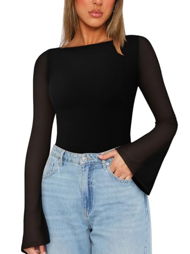 REORIA Damen U Boot Ausschnitt Glockenärmeln durchsichtigem Netzstoff Bodysuit zum Ausgehen Schwarz XXL REORIA Damen U Boot Ausschnitt Glockenärmeln durchsichtigem Netzstoff Bodysuit zum Ausgehen Schwarz XXL von REORIA