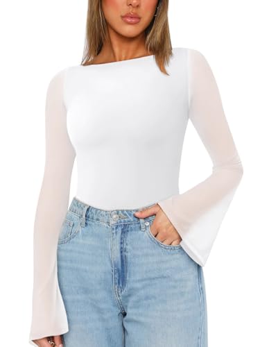 REORIA Damen U Boot Ausschnitt Glockenärmeln durchsichtigem Netzstoff Bodysuit zum Ausgehen Weiß S von REORIA