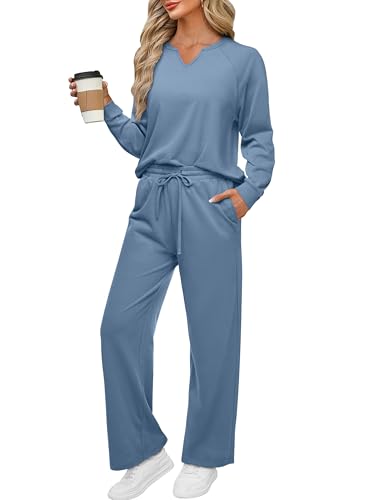 REORIA Damen V-Ausschnitt Jogginganzug Zweiteiler Trainingsanzug Hausanzug Sport Set Elegantes Outfit Lounge Set Grau Blau M von REORIA