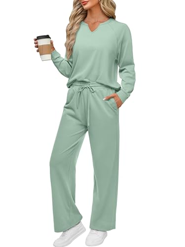 REORIA Damen V-Ausschnitt Jogginganzug Zweiteiler Trainingsanzug Hausanzug Sport Set Elegantes Outfit Lounge Set Grau Grün L von REORIA