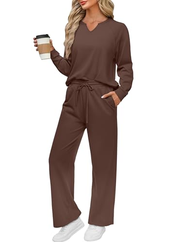 REORIA Damen V-Ausschnitt Jogginganzug Zweiteiler Trainingsanzug Hausanzug Sport Set Elegantes Outfit Lounge Set Kaffee S von REORIA