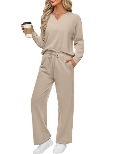 REORIA Damen V-Ausschnitt Jogginganzug Zweiteiler Trainingsanzug Hausanzug Sport Set Elegantes Outfit Lounge Set Khaki S von REORIA