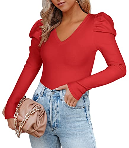 REORIA Damen V-Ausschnitt Puffärmel Langarm Einteiler Gerippter Schlankheits-Tanga T-Shirt Trikot Body Tops Rot L von REORIA