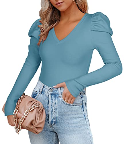 REORIA Damen V-Ausschnitt Puffärmel Langarm Gerippter Schlankheits-Tanga T-Shirt Trikot Body Tops Blau M von REORIA