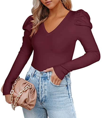 REORIA Damen V-Ausschnitt Puffärmel Langarm Gerippter Schlankheits-Tanga T-Shirt Trikot Body Tops Burgund L von REORIA