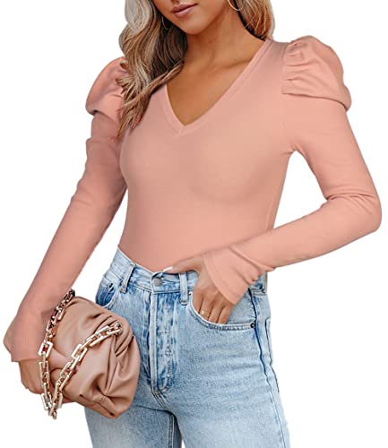 REORIA Damen V-Ausschnitt Puffärmel Langarm Gerippter Schlankheits-Tanga T-Shirt Trikot Body Tops Rosa L von REORIA