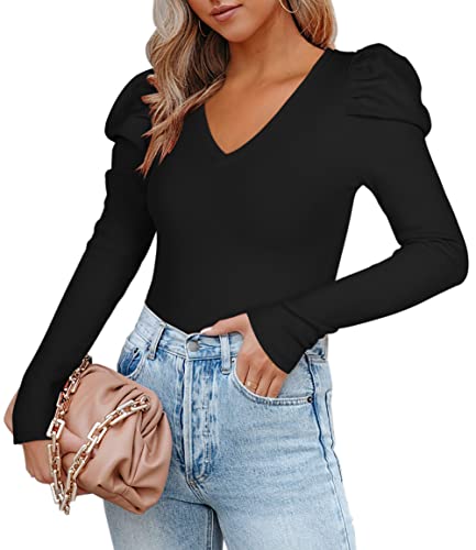 REORIA Damen V-Ausschnitt Puffärmel Langarm Gerippter Schlankheits-Tanga T-Shirt Trikot Body Tops Schwarz S von REORIA