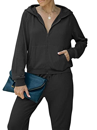 REORIA Damen Waffel Trainingsanzüge Langarm Loungewear Jogginganzug Frauen Sportanzug mit Reißverschluss-Hoodie Schwarz M von REORIA