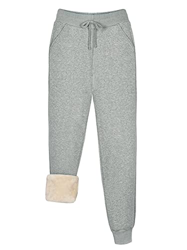 REORIA Damen Warme Hose für den Winter Dickes Sherpa-Futter athletischer Jogger Fleece-Futter Jogginghose mit Taschen Light Grau S von REORIA