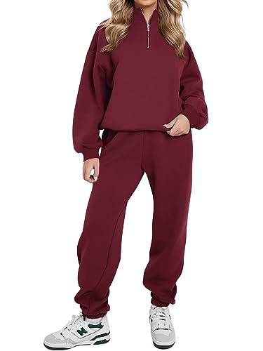REORIA Damen Weich Baumwolle Hausanzug Dick Freizeitanzug Warm Trainingsanzug Jogginganzug Set halbem Reißverschluss Tracksuits mit Fleece-Futter Burgund 2XL von REORIA