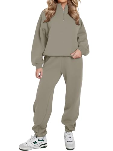 REORIA Damen Weich Baumwolle Hausanzug Dick Freizeitanzug Warm Trainingsanzug Jogginganzug Set halbem Reißverschluss Tracksuits mit Fleece-Futter Grau Grün 2XL von REORIA