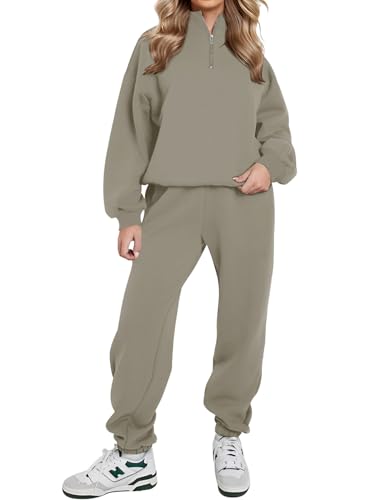 REORIA Damen Weich Baumwolle Hausanzug Dick Freizeitanzug Warm Trainingsanzug Jogginganzug Set halbem Reißverschluss Tracksuits mit Fleece-Futter Grau Grün S von REORIA