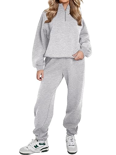 REORIA Damen Weich Baumwolle Hausanzug Dick Freizeitanzug Warm Trainingsanzug Jogginganzug Set halbem Reißverschluss Tracksuits mit Fleece-Futter Grau L von REORIA