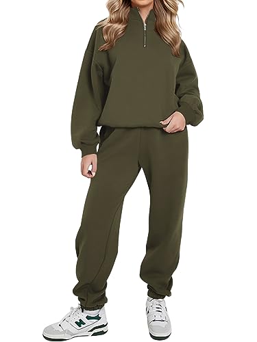 REORIA Damen Weich Baumwolle Hausanzug Dick Freizeitanzug Warm Trainingsanzug Jogginganzug Set halbem Reißverschluss Tracksuits mit Fleece-Futter Grün 2XL von REORIA