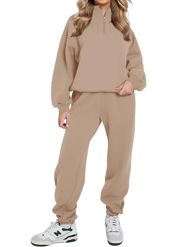 REORIA Damen Weich Baumwolle Hausanzug Dick Freizeitanzug Warm Trainingsanzug Jogginganzug Set halbem Reißverschluss Tracksuits mit Fleece-Futter Khaki 2XL von REORIA