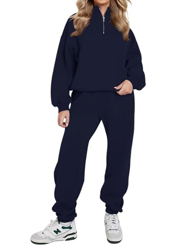 REORIA Damen Weich Baumwolle Hausanzug Dick Freizeitanzug Warm Trainingsanzug Jogginganzug Set halbem Reißverschluss Tracksuits mit Fleece-Futter Marineblau 2XL von REORIA