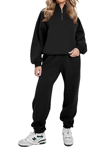 REORIA Damen Weich Baumwolle Hausanzug Dick Freizeitanzug Warm Trainingsanzug Jogginganzug Set halbem Reißverschluss Tracksuits mit Fleece-Futter Schwarz 2XL von REORIA