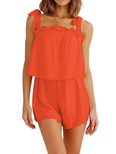 REORIA Damen ärmelloser fließender Overall Süßer einfarbiger Strampler quadratischem Ausschnitt Romper Jumpsuit mit verstellbaren Schultergurten Orange Rot L von REORIA