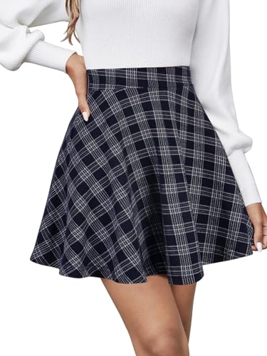 REORIA Damen ausgestellte A-Linie Faltenröcke Mini Karierter Rock Tennis Schule Tanz Skort Cheerleader Kostüm Marineblau Kariert L von REORIA