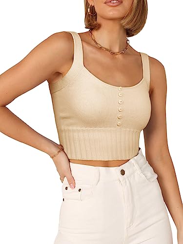 REORIA Damen einfarbige ärmellose Weste Button Down Crop Tops schlanke Tanktops Aprikose L von REORIA