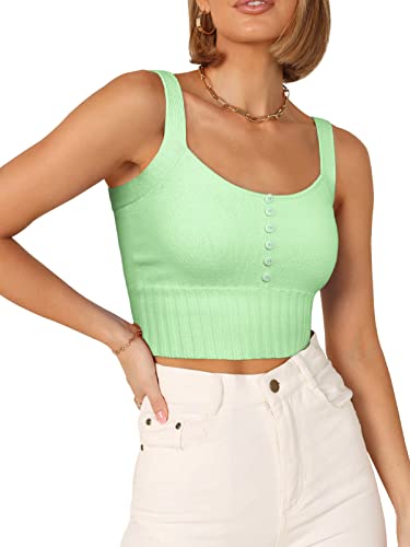 REORIA Damen einfarbige ärmellose Weste Button Down Crop Tops schlanke Tanktops Grün L von REORIA