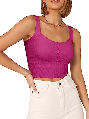 REORIA Damen einfarbige ärmellose Weste Button Down Crop Tops schlanke Tanktops Neon Rosenrot L von REORIA