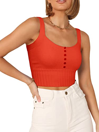 REORIA Damen einfarbige ärmellose Weste Button Down Crop Tops schlanke Tanktops Rot XL von REORIA