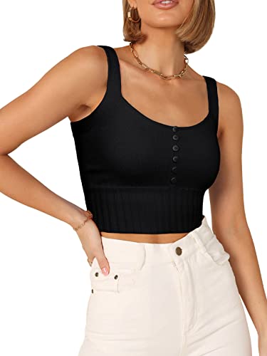 REORIA Damen einfarbige ärmellose Weste Button Down Crop Tops schlanke Tanktops Schwarz L von REORIA