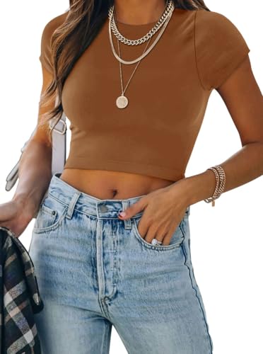 REORIA Damen einfarbiges T-Shirts kurzärmelig hochgeschlossen doppelt gefüttert eng anliegend Crop Tops Braun L von REORIA