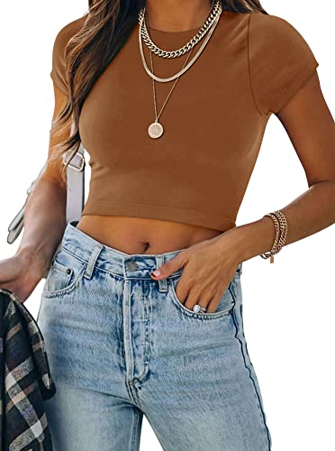 REORIA Damen einfarbiges T-Shirts kurzärmelig hochgeschlossen doppelt gefüttert eng anliegend Crop Tops Braun M von REORIA