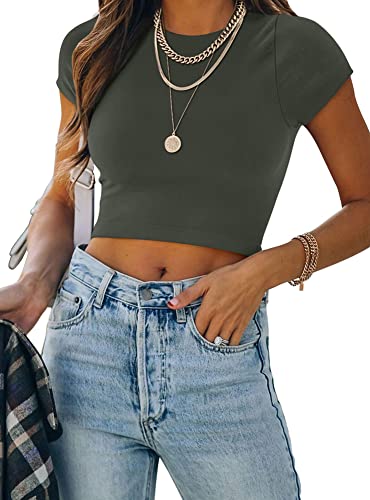 REORIA Damen einfarbiges T-Shirts kurzärmelig hochgeschlossen doppelt gefüttert eng anliegend Crop Tops Grau Grün L von REORIA