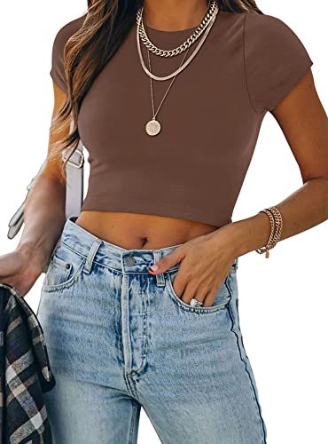 REORIA Damen einfarbiges T-Shirts kurzärmelig hochgeschlossen doppelt gefüttert eng anliegend Crop Tops Kaffee M von REORIA