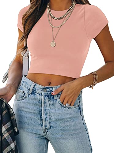 REORIA Damen einfarbiges T-Shirts kurzärmelig hochgeschlossen doppelt gefüttert eng anliegend Crop Tops Rosa M von REORIA