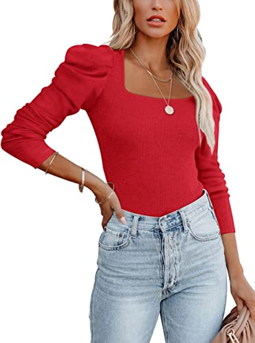 REORIA Damen eleganter quadratischer Ausschnitt Puff Langarm gerippter Tanga Bodysuit Tops Jumpsuit Rot XL von REORIA