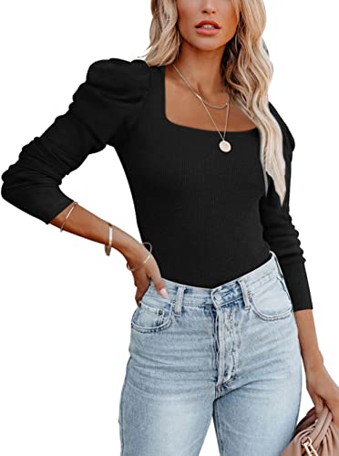 REORIA Damen eleganter quadratischer Ausschnitt Puff Langarm gerippter Tanga Bodysuit Tops Jumpsuit Schwarz M von REORIA