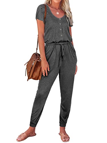 REORIA Damen lässiger Jumpsuits schlichter Rundhalsausschnitt Knospe Ärmel Strampler mit Tasche Grau L von REORIA