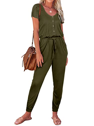 REORIA Damen lässiger Jumpsuits schlichter Rundhalsausschnitt Knospe Ärmel Strampler mit Tasche Grün L von REORIA