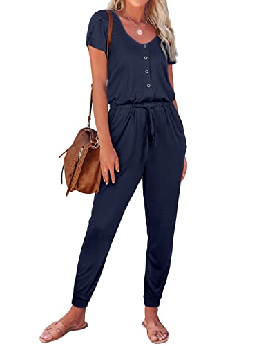 REORIA Damen lässiger Jumpsuits schlichter Rundhalsausschnitt Knospe Ärmel Strampler mit Tasche Marineblau L von REORIA