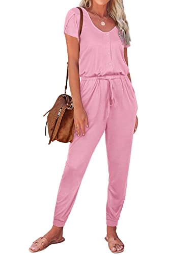 REORIA Damen lässiger Jumpsuits schlichter Rundhalsausschnitt Knospe Ärmel Strampler mit Tasche Rosa XL von REORIA