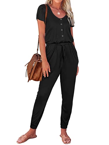 REORIA Damen lässiger Jumpsuits schlichter Rundhalsausschnitt Knospe Ärmel Strampler mit Tasche Schwarz L von REORIA
