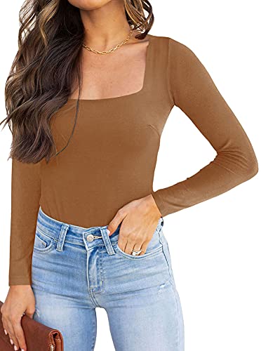 REORIA Damen langarm Bodysuit Sexy eckiger Ausschnitt doppelt gefüttert Overalls Braun L von REORIA